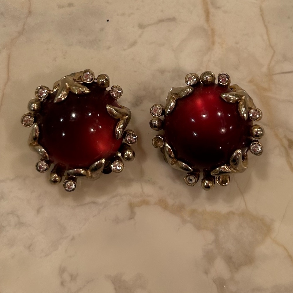 Vintage Earrings Deep Red/Maroon Rhinestone Accents